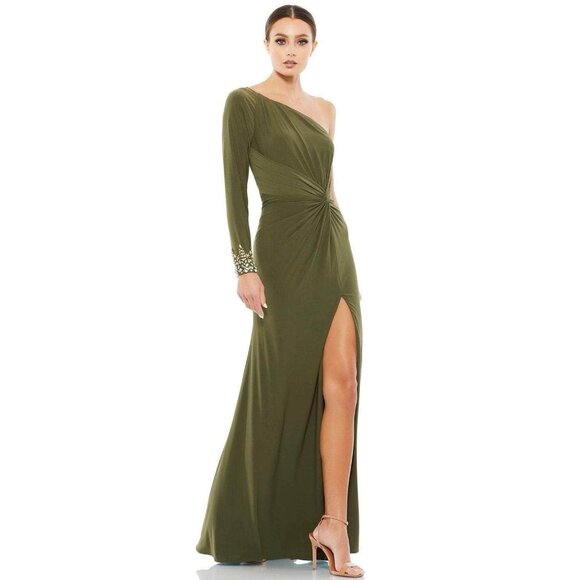 Mac Duggal Size 14 Green 55696 One-Shoulder Long Sleeve Jersey Gown Dress - Picture 1 of 12